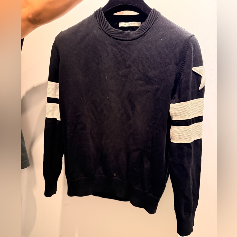Givenchy Black Crewneck Sweater with White Sleeve Stripes and Star